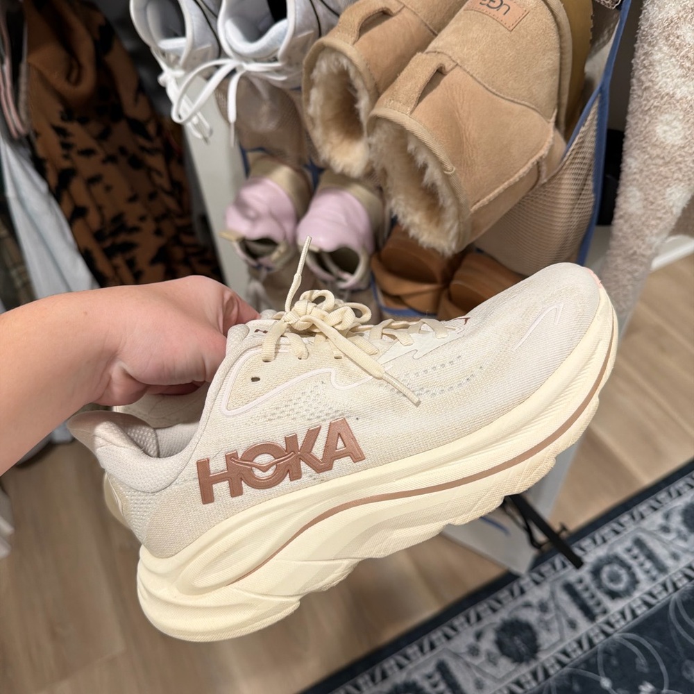 Hoka Cream Athletic Sneaker with Tan Logo